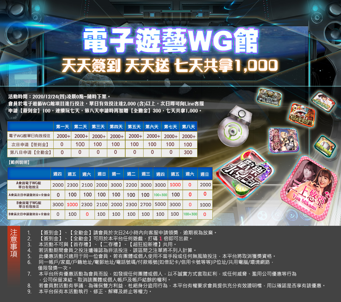 財神娛樂 電子老虎機WG場館 天天簽到 天天送